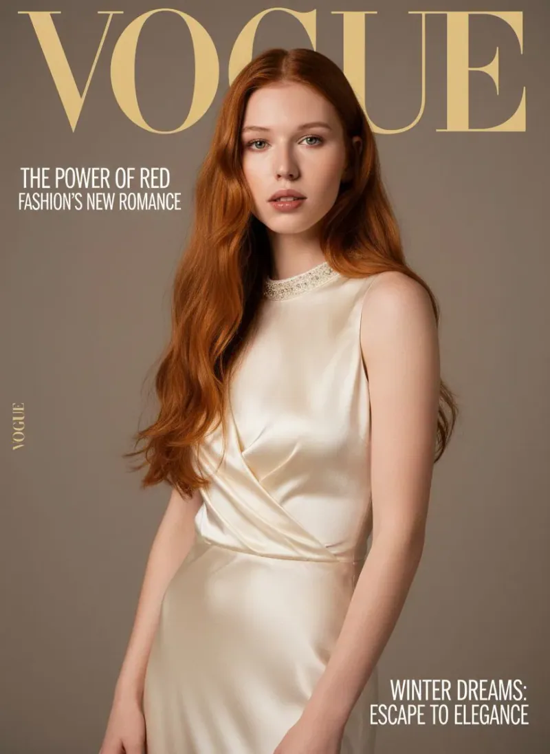 Fotografie transformată cu inteligență artificială — invitată pe coperta unei reviste de modă, în rochie de satin