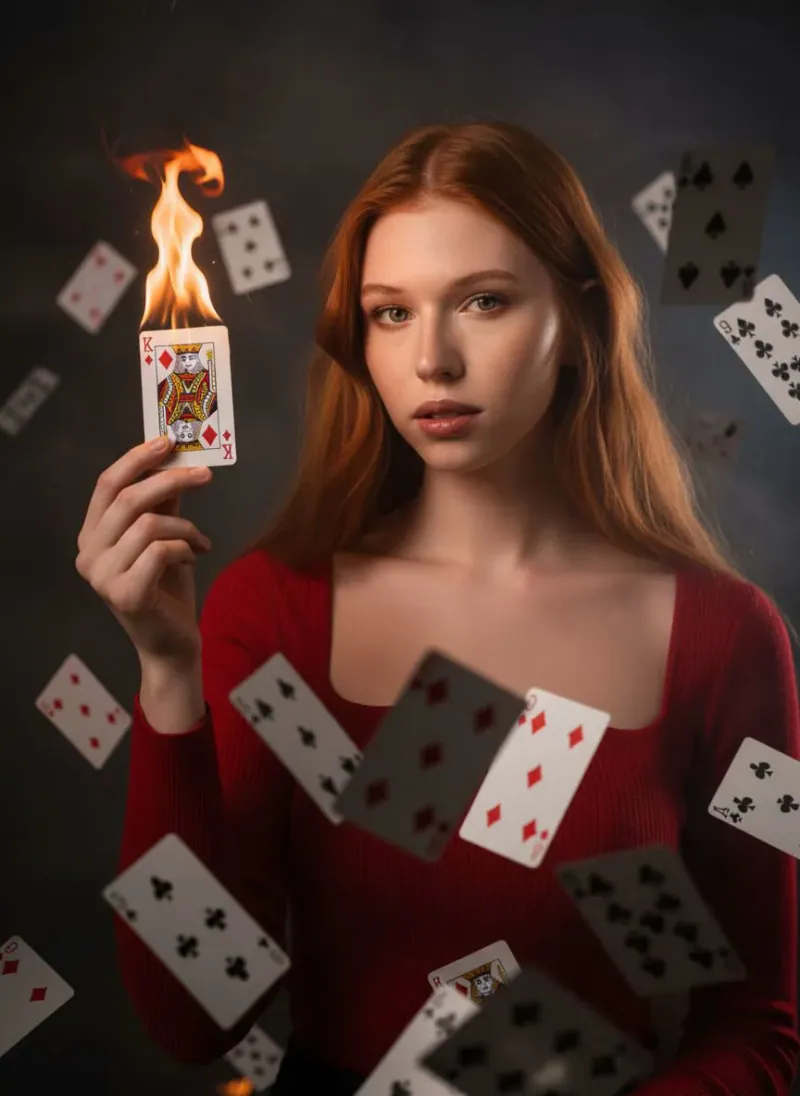 Fotografie transformată cu inteligență artificială — invitată care ține o carte de joc în flăcări, înconjurată de cărți plutitoare