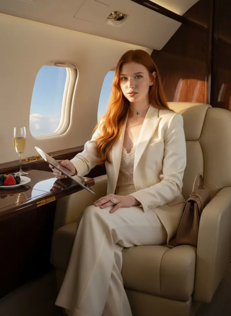 Fotografie transformată cu inteligență artificială — invitată în costum crem, în cabina unui avion privat
