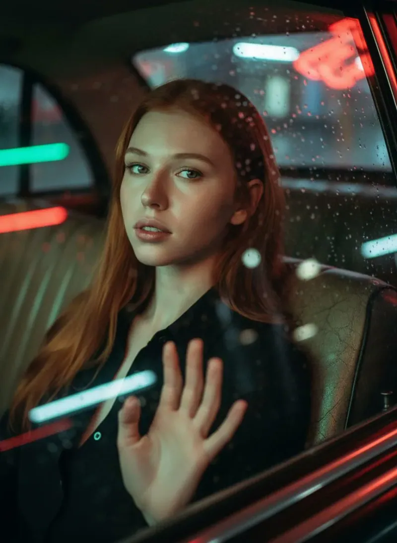 Fotografie transformată cu inteligență artificială — portret pe bancheta unei mașini clasice, sub lumini de neon