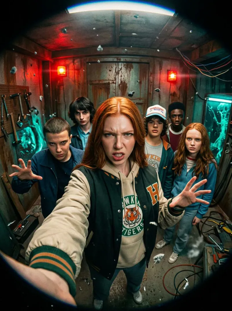 Fotografie transformată cu inteligență artificială — scenă de grup în stil science-fiction retro, cu lumini roșii și verzi