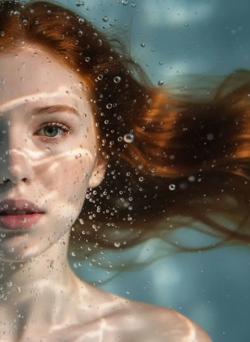 Fotografie transformată cu inteligență artificială — portret subacvatic, cu bule de aer și lumină filtrată prin apă