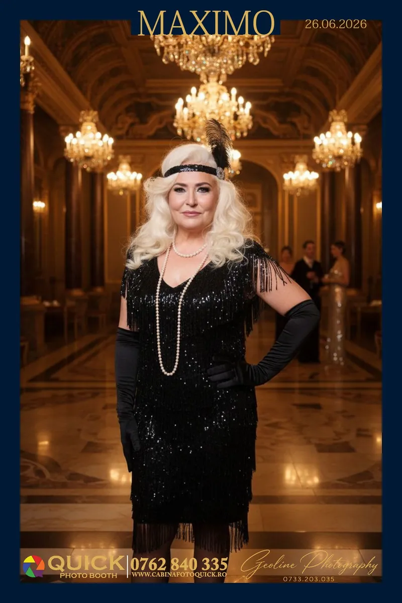 Rezultat de la un eveniment real — invitată în rochie cu franjuri, într-o sală de bal aurie
