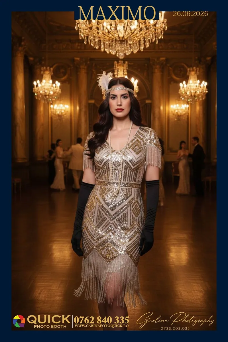 Rezultat de la un eveniment real — invitată în rochie aurie cu franjuri, într-o sală de bal