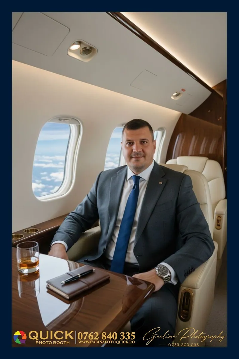 Rezultat de la un eveniment real — invitat în costum, în cabina unui avion privat