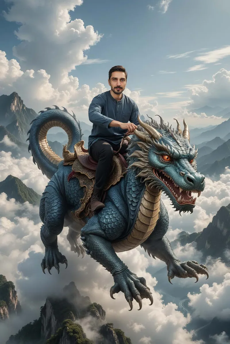 Scenă pregătită pentru Face Swap — personaj călare pe un dragon albastru, deasupra norilor