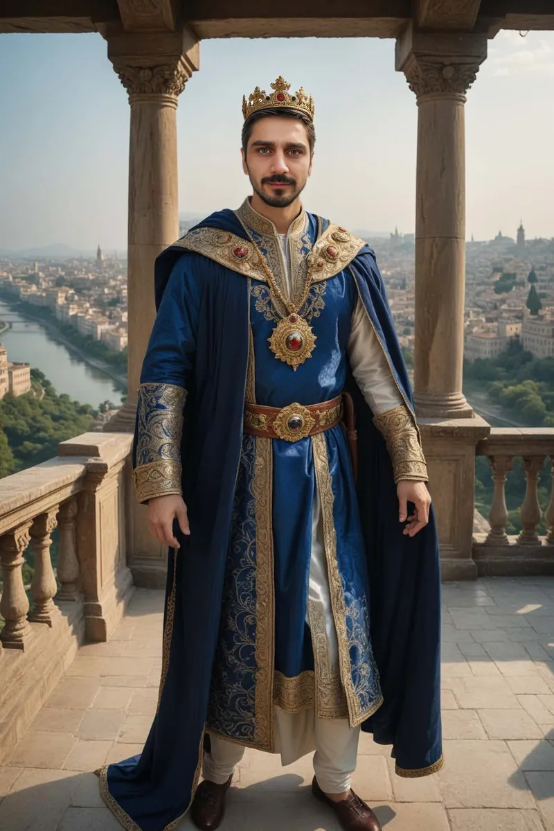 Scenă pregătită pentru Face Swap — personaj în mantie regală albastră, pe terasa unui palat medieval