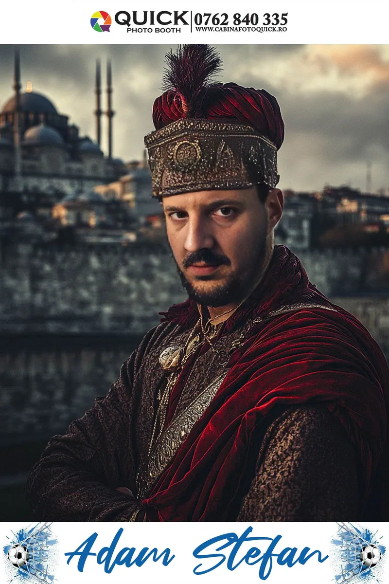 Același invitat, după transformare — în ținută de sultan, într-un palat oriental